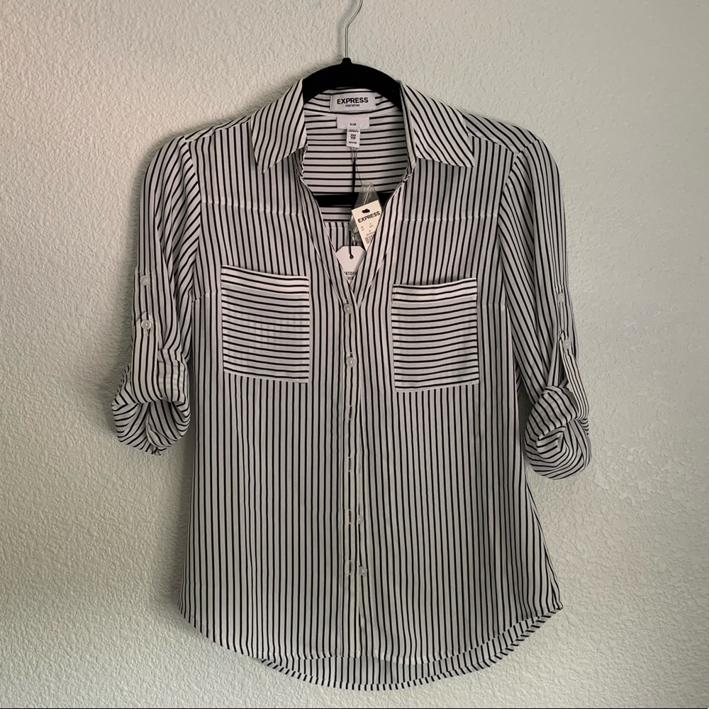 Express black and white striped button down shirt